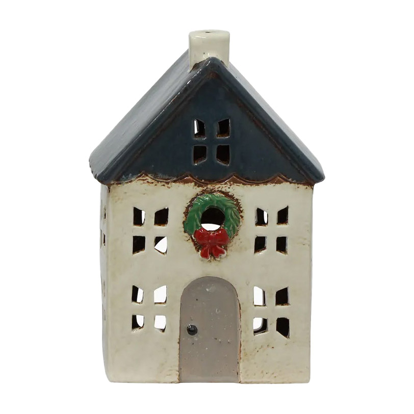 French Country Christmas Tea Light House Blue with Wreath Small