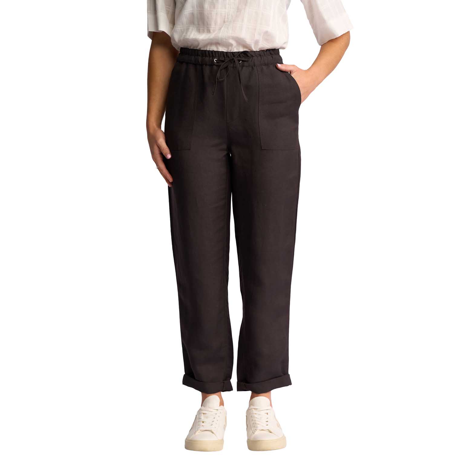 Vassalli Slim Leg Ankle Grazer Elastic Waist Linen Pant