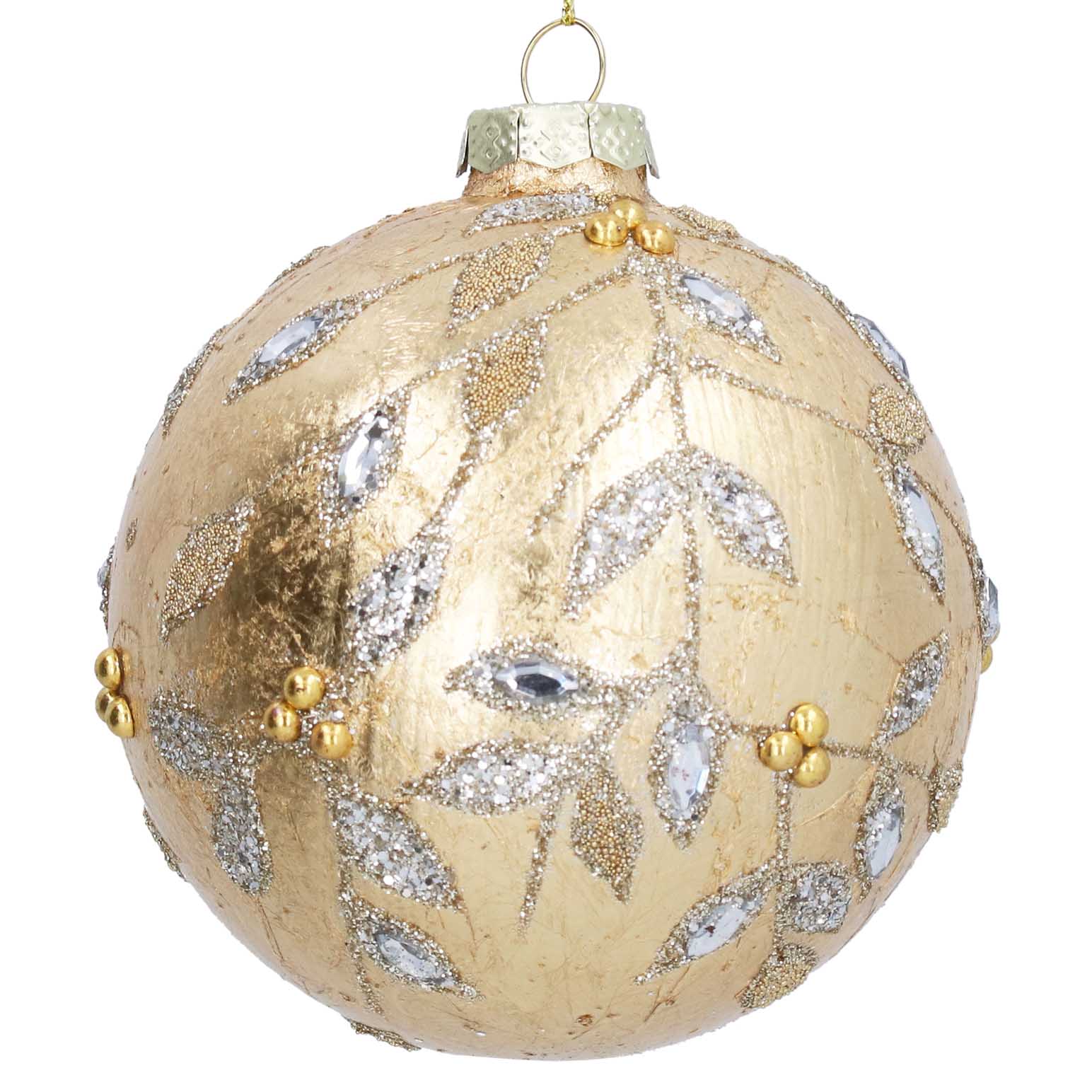 Gisela Graham Glass Ball 10cm Gold Foil Beaded Jewel Vine