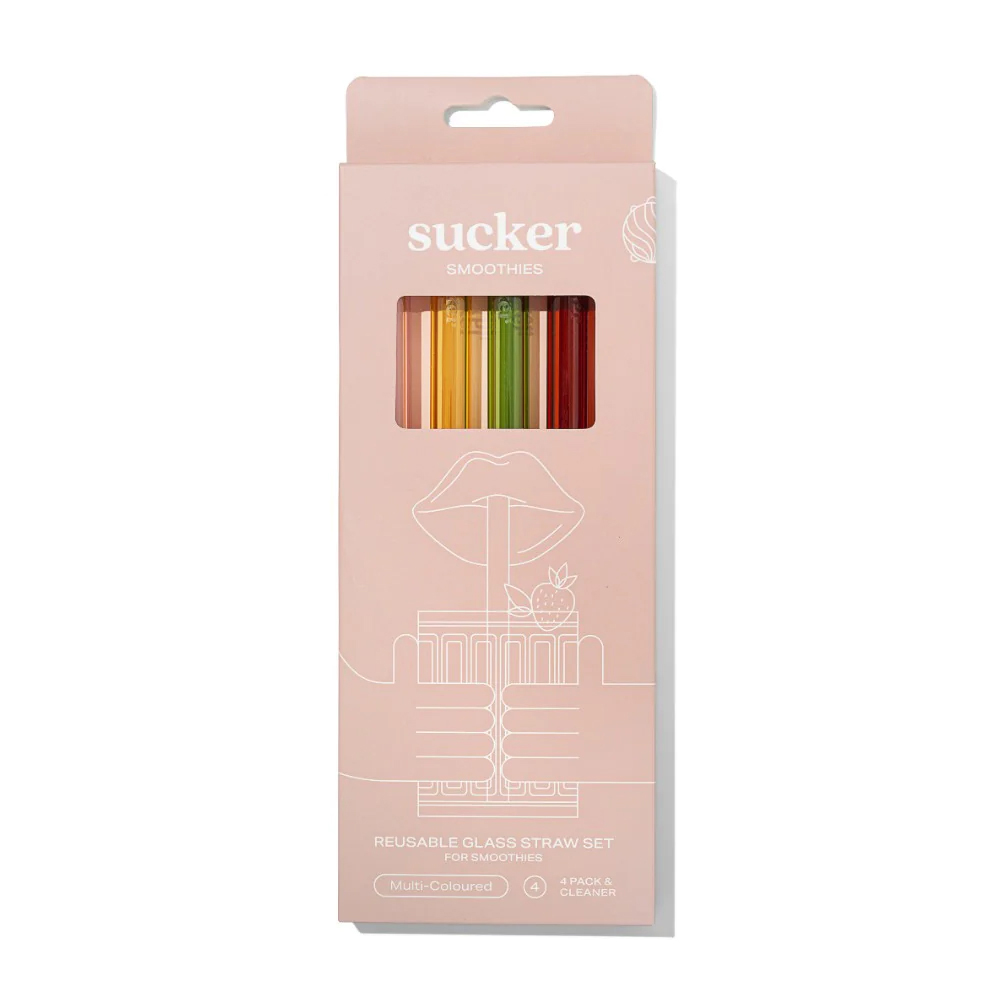 Sucker Reusable Glass Smoothie Straws 4 Pack - Multi Colour