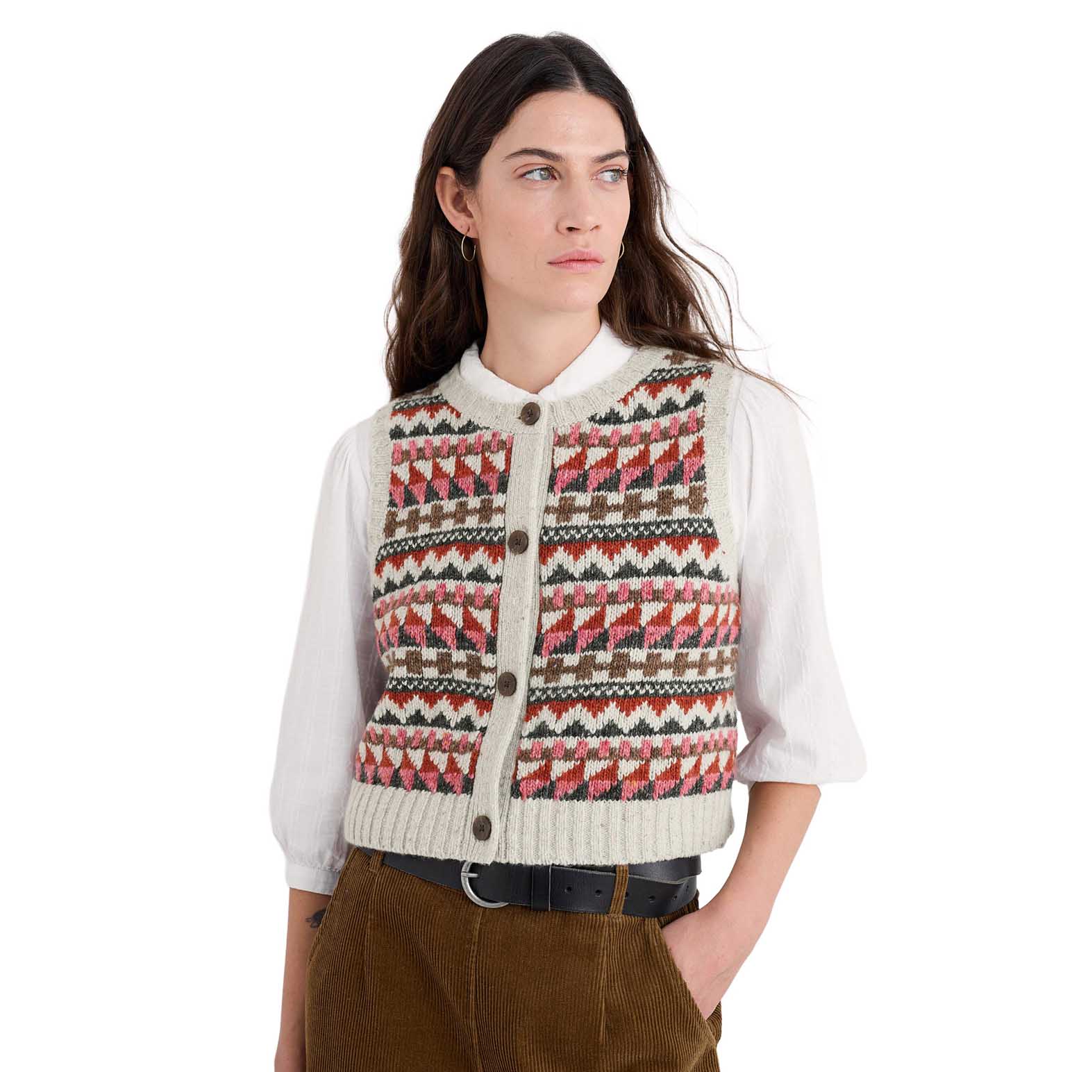 Seasalt Cornwall Dawson Pick Vest Fairisle Zig Zag Geo Aran Red Sail