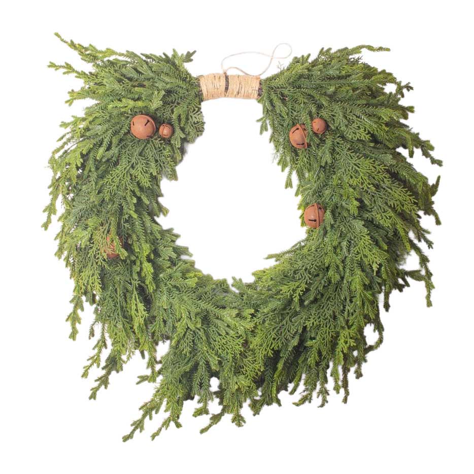 French Country Pine Heart Wreath with Bells Large