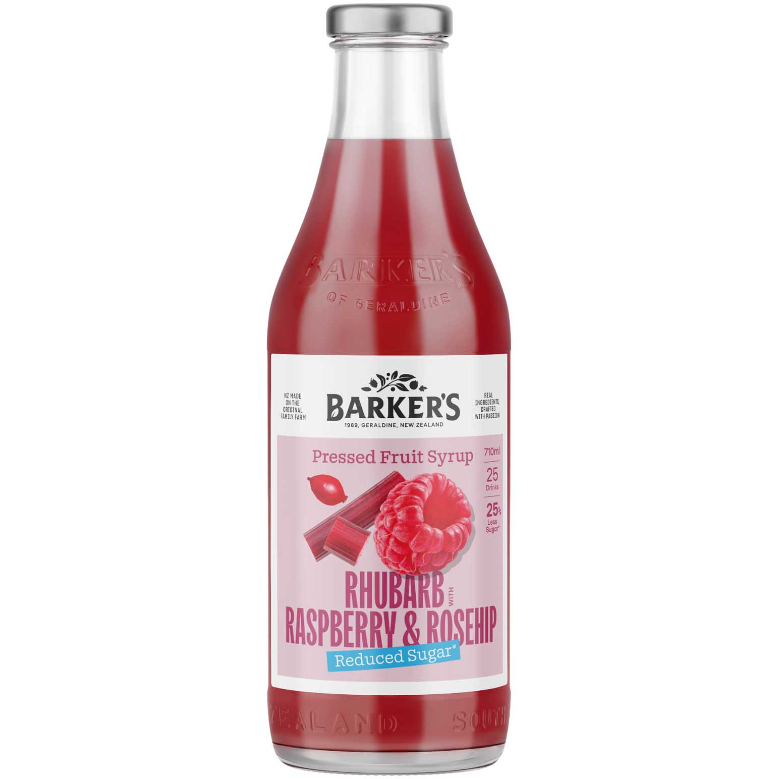 Barker's Rhubarb, Raspberry & Rosehip Reduced Sugar Fruit Syrup 710ml