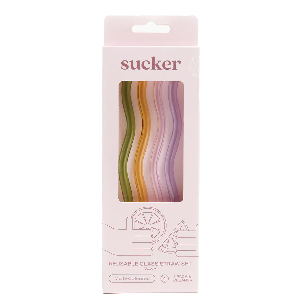 Sucker Wavy Reusable Glass Straws 4 Pack - Multi Colour