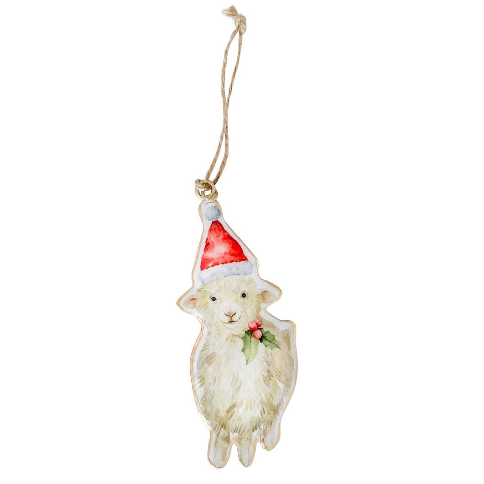 Highland Cow/Sheep With Hat Metal Hanging Decoration White & Red 11cm