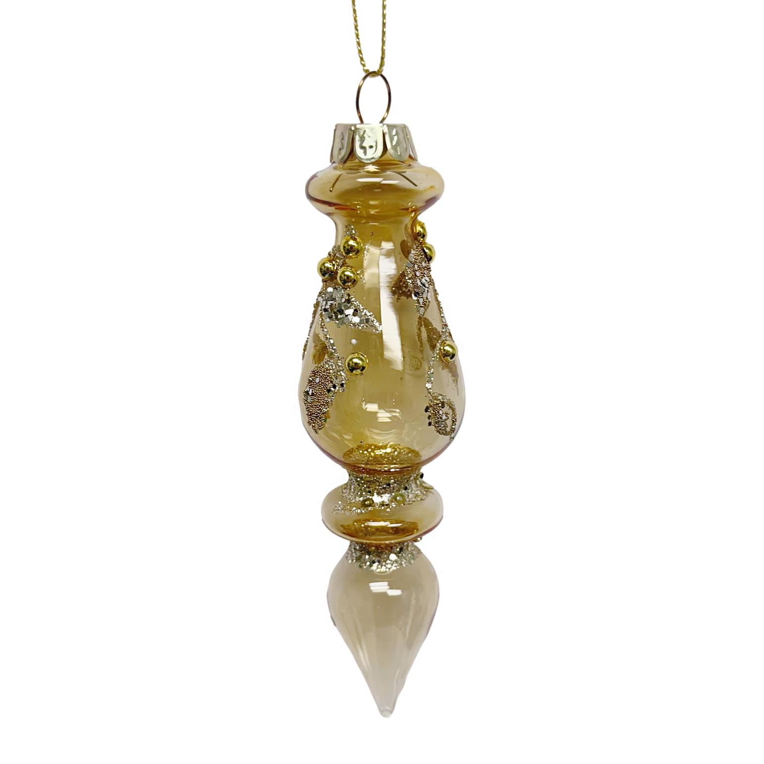 Glass Finial Clear Gold with Leaf Pattern 14cm L