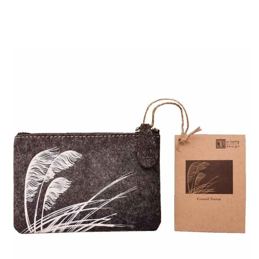 Jo Luping Coastal Toetoe White On Grey Ecofelt Purse