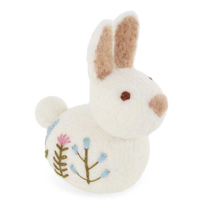 Gry & Sif Sitting Bunny With Flower Embroidery - White