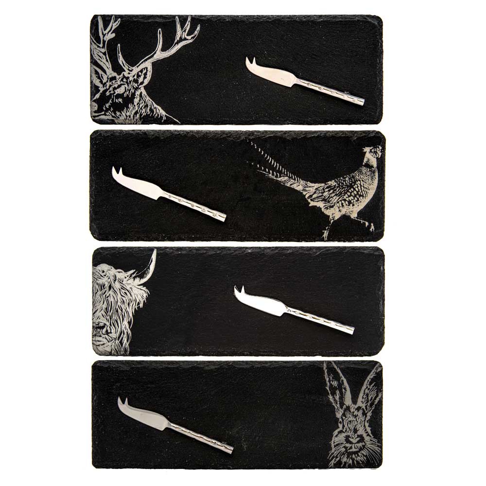 Selbrae House 4 Mini Slate Cheese Board & Knife Sets - Country Animals