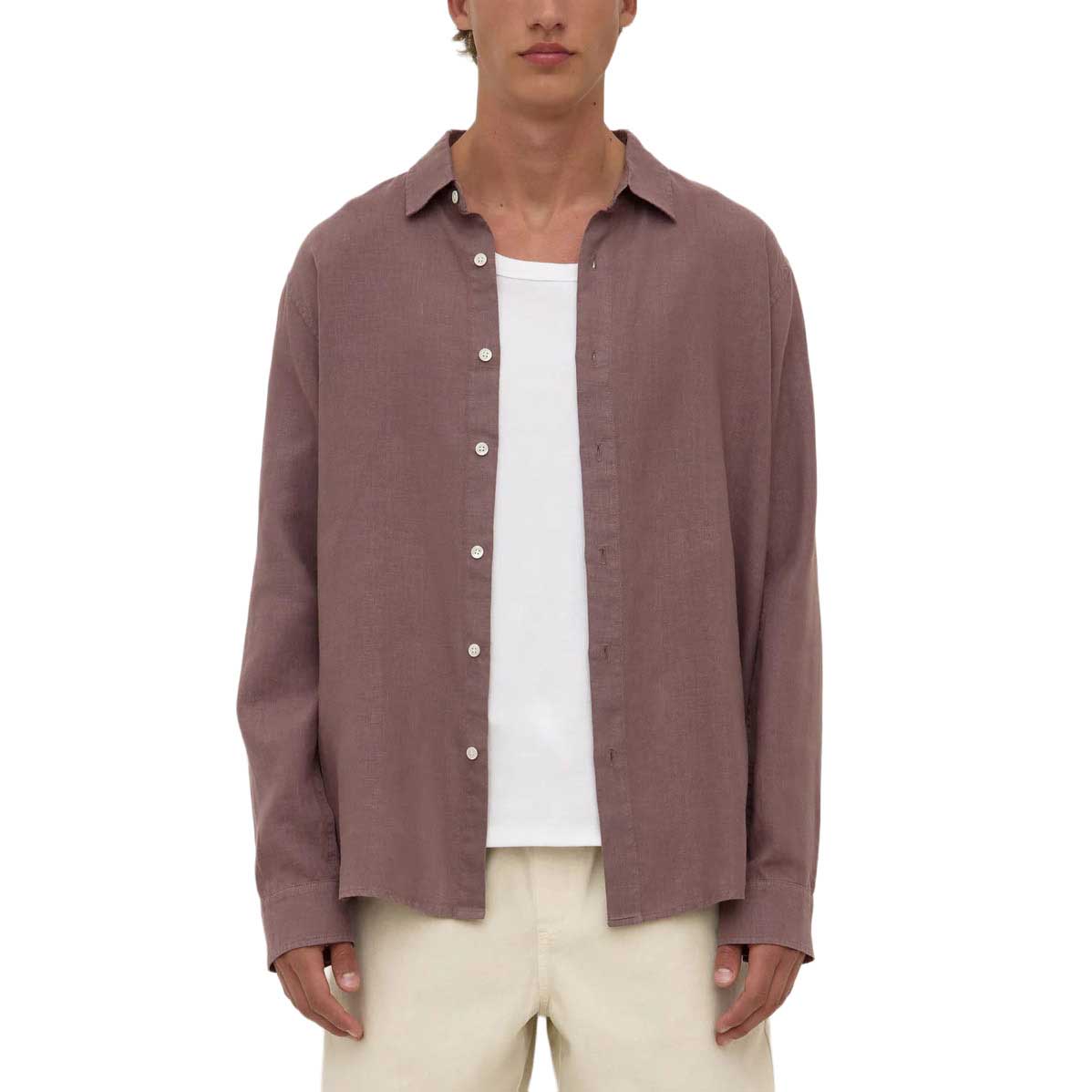 Assembly Label Everyday Mens Linen Long Sleeve Shirt Plum