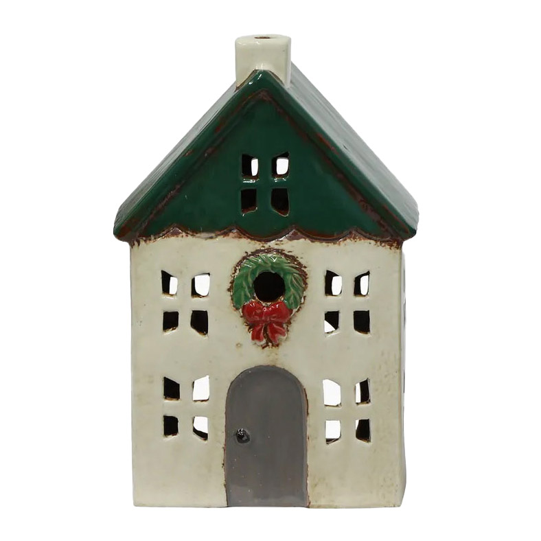 French Country Christmas Tea Light House Green with Wreath Small