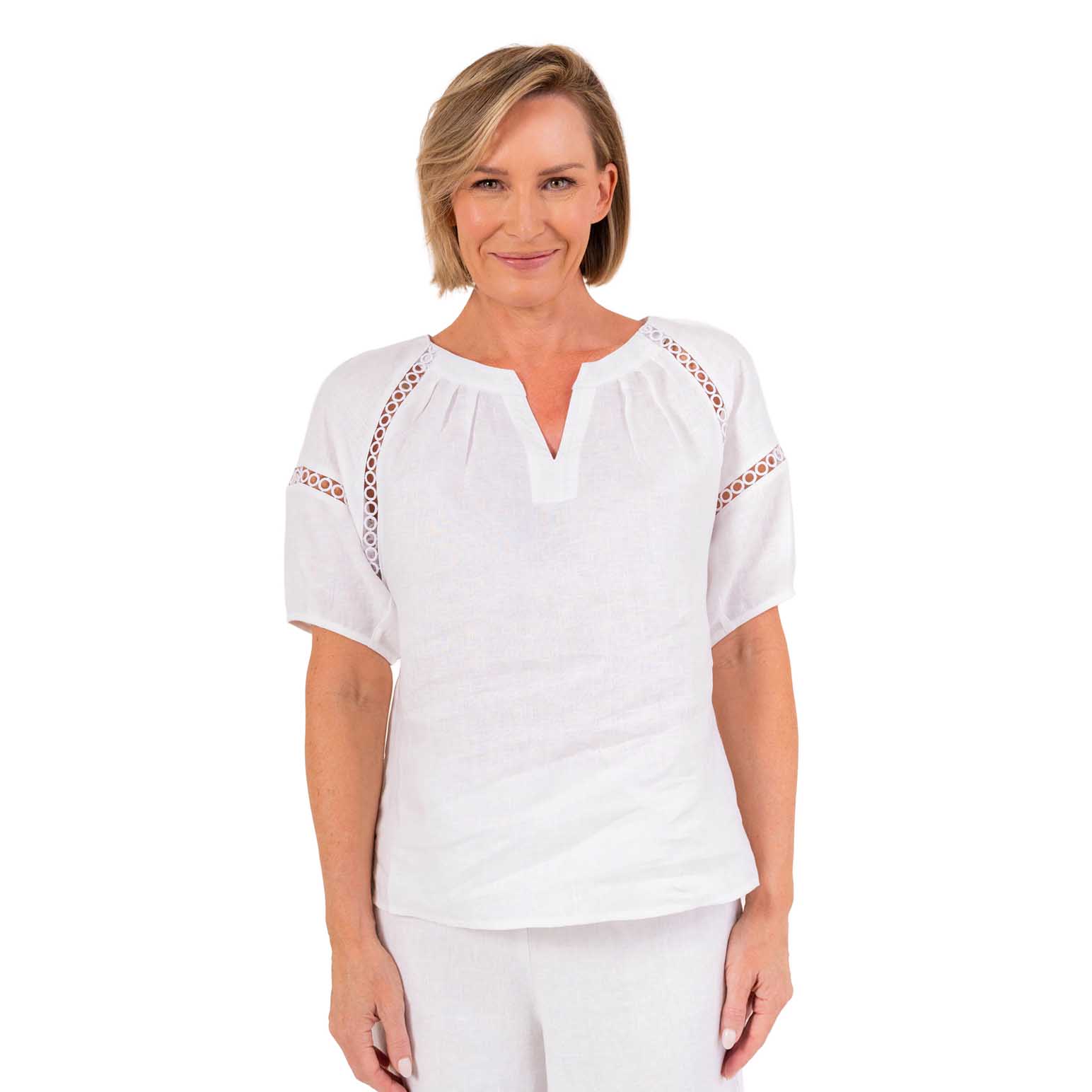 See Saw 100% Linen  Ss Lace Trim Top