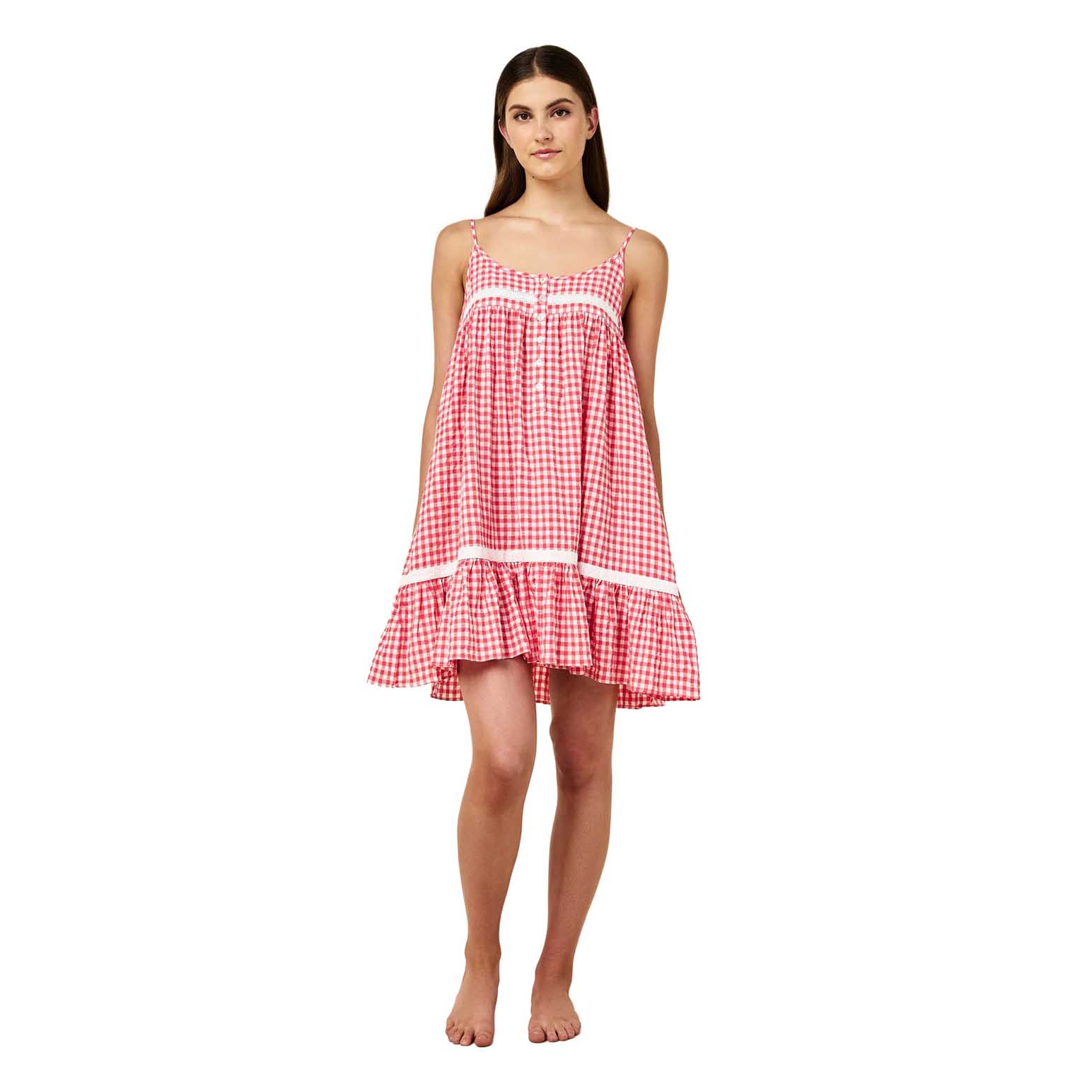 Papinelle Seersucker Gingham Lace Trim Strappy Nightie