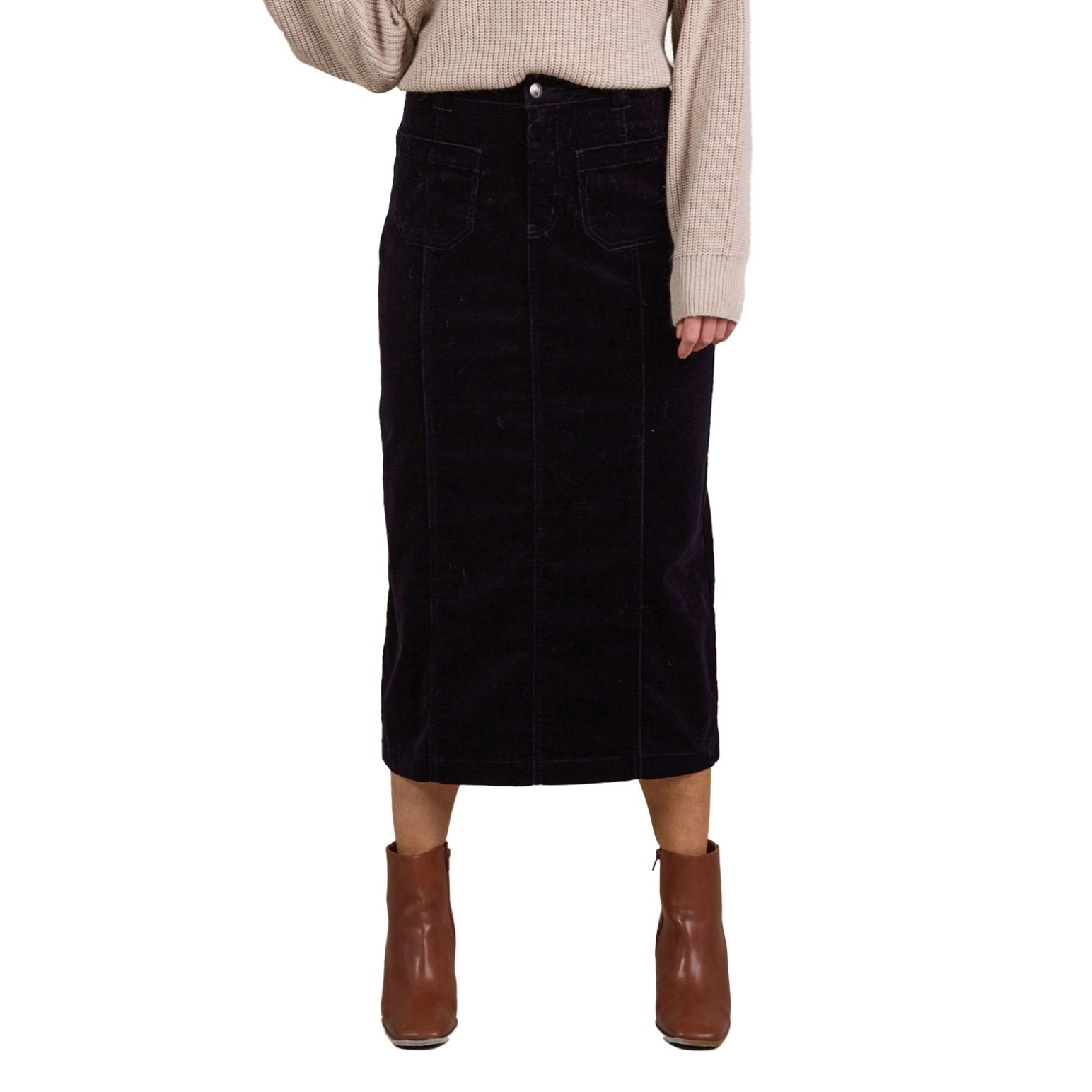 Vassalli Mid Length Cord Skirt With Front Panel Seams