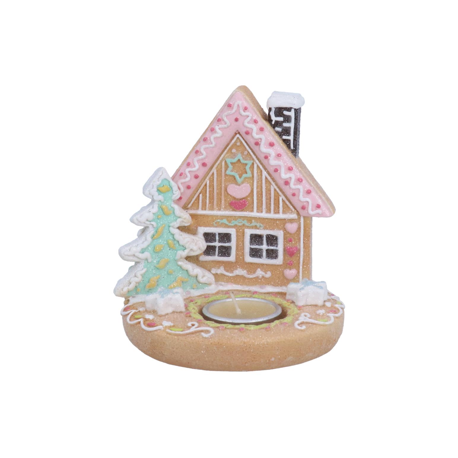 Gisela Graham Resin Tealight Holder W Gingerbread House