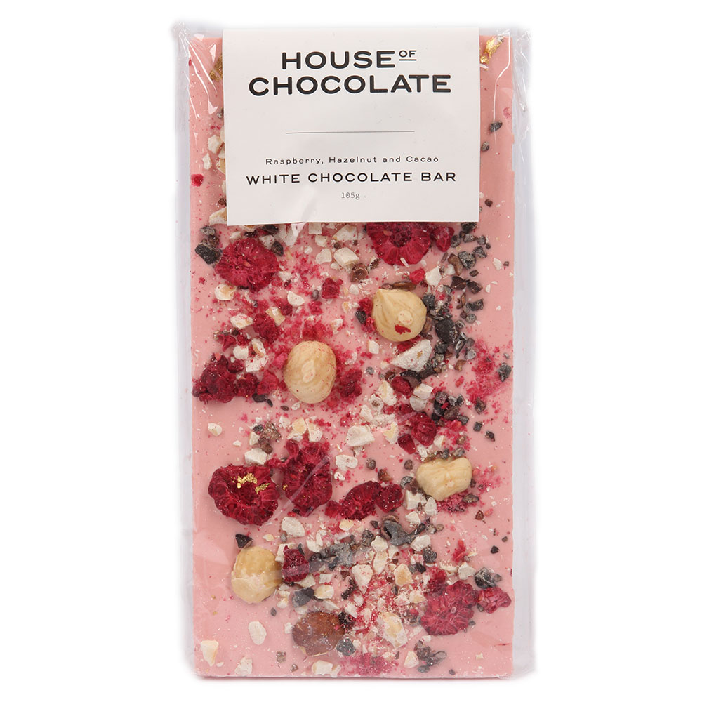 House of Chocolate Raspberry, Hazelnut & Cacao Chocolate Bar 105g