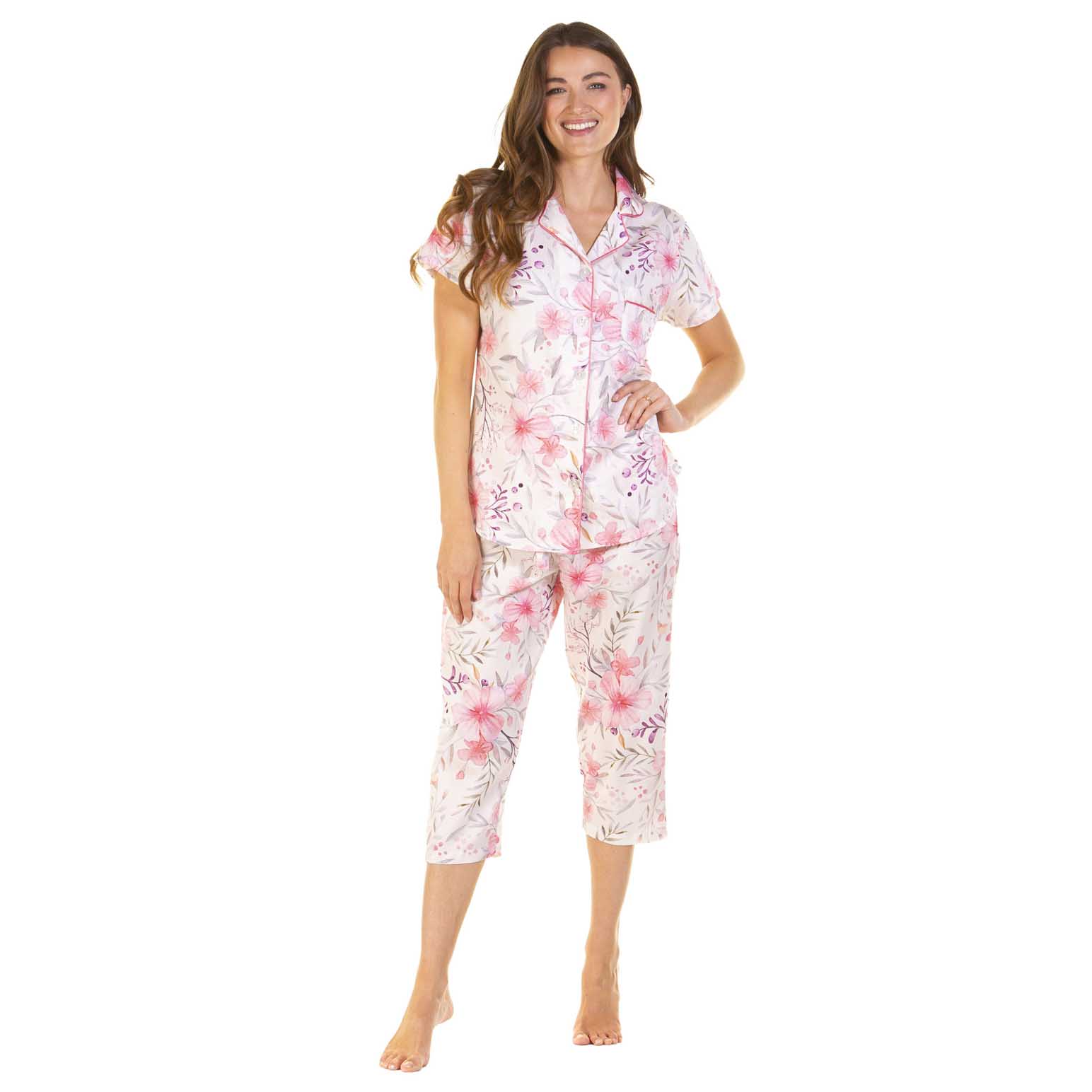 La Marquise Pure Cotton Button Through Crop Pyjamas With Contrast Piping