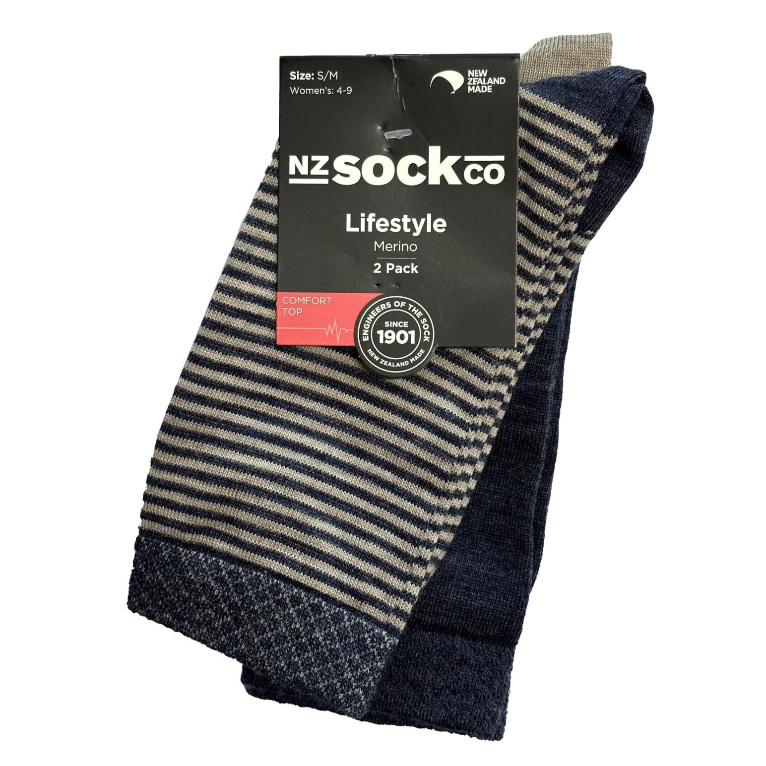 NZ Socks Ladies Merino Stripe/Plain Crew Socks - 2 Pack