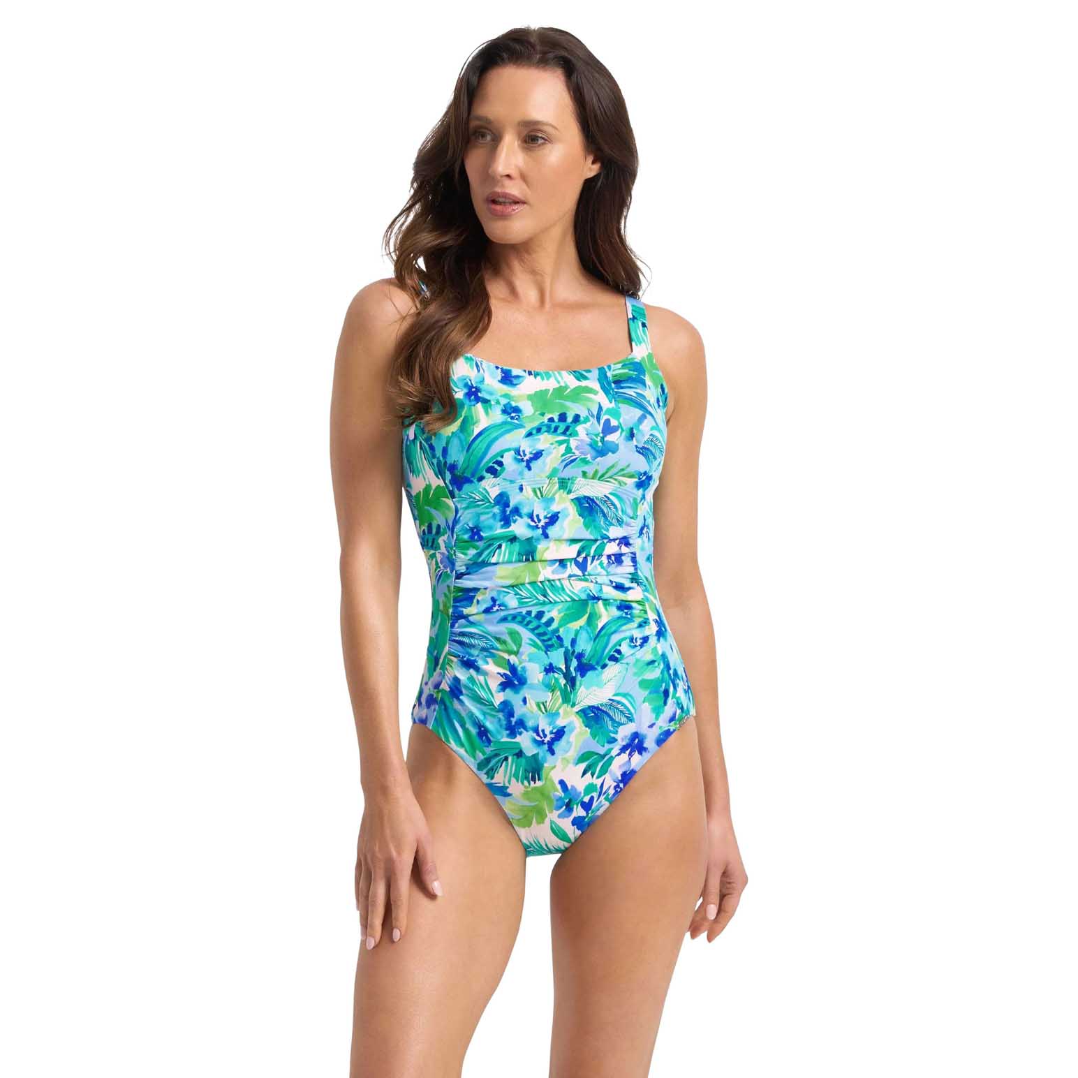 Jantzen Watermist Ruched Square Neck One Piece - Blue