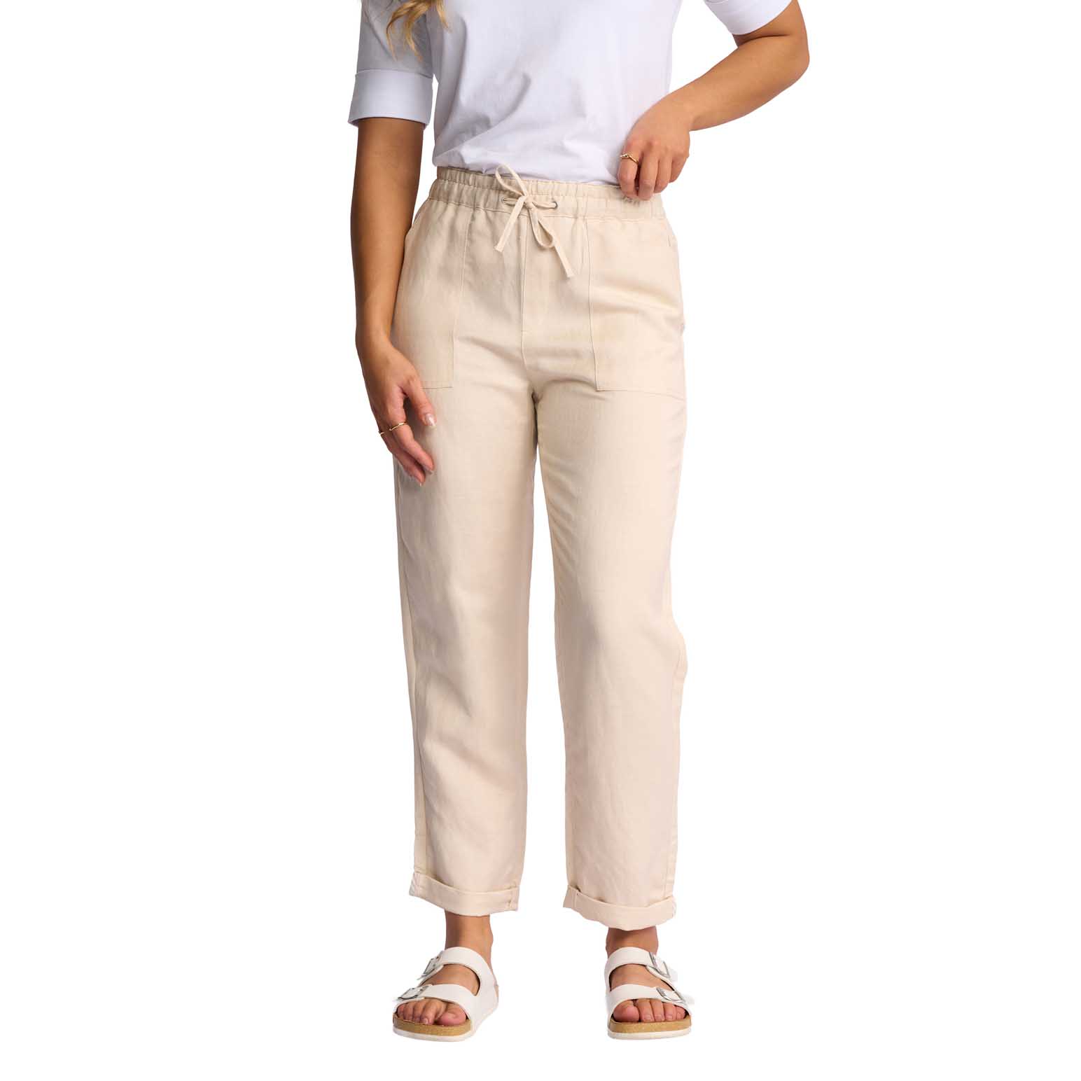 Vassalli Slim Leg Ankle Grazer Elastic Waist Linen Pant