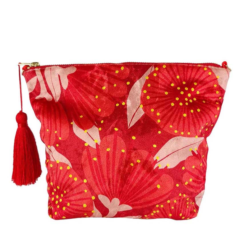 Bright Botanical Red Pohutukawa Velvet Cosmetic Bag