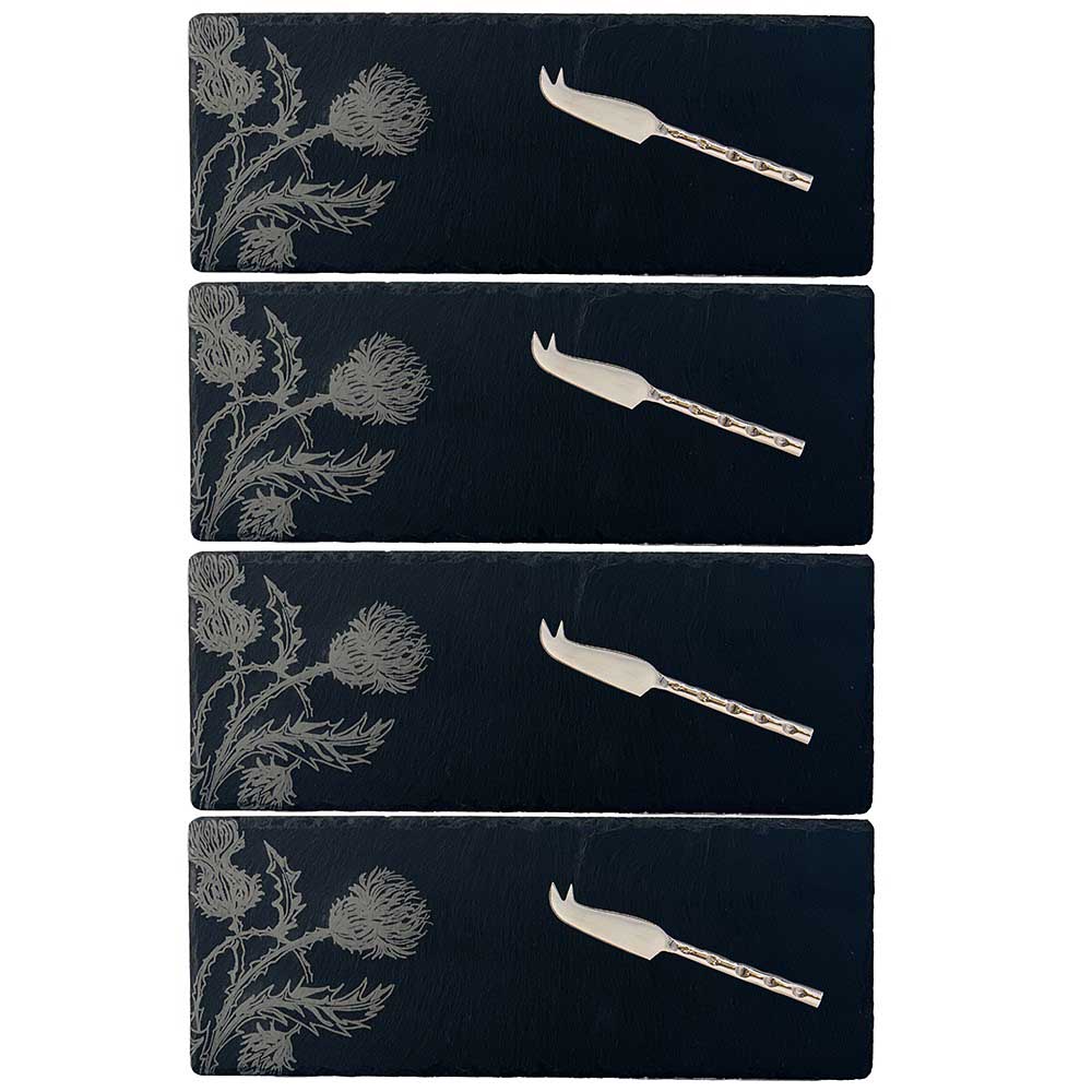 Selbrae House 4 Mini Slate Cheese Board & Knives  - Thistle Trio