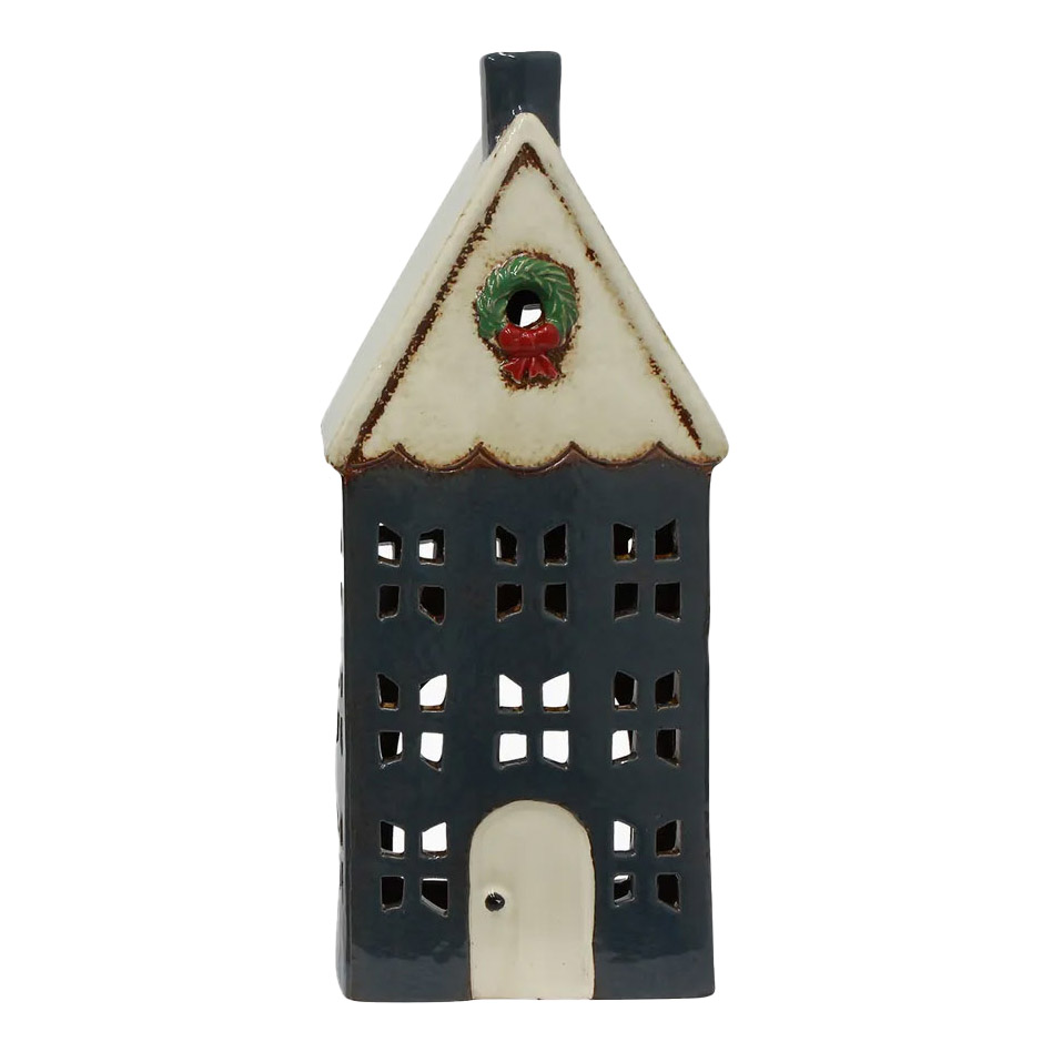 French Country Christmas Tea Light House Blue with Wreath Large