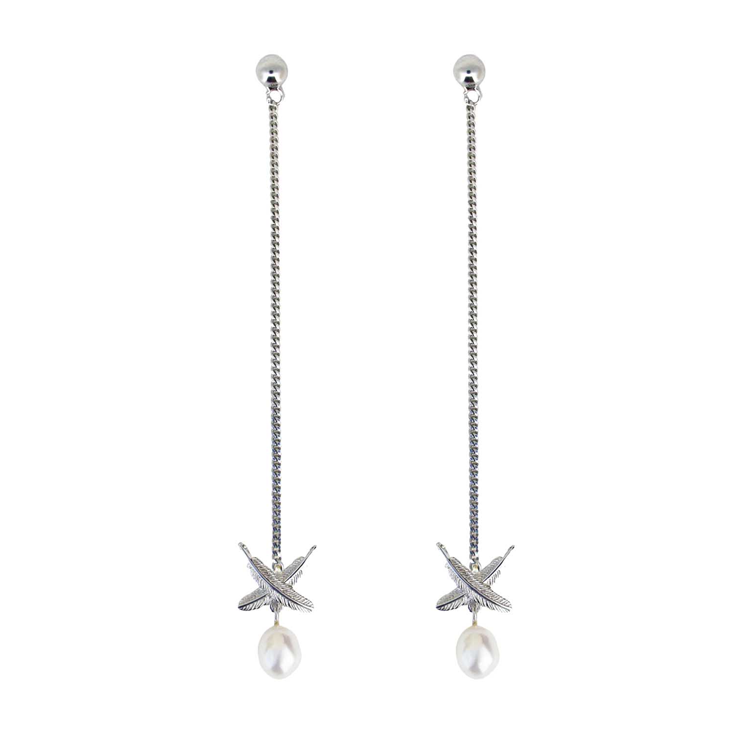 Boh Runga Feather Kiss Pearl Drop Earrings Silver 66mm