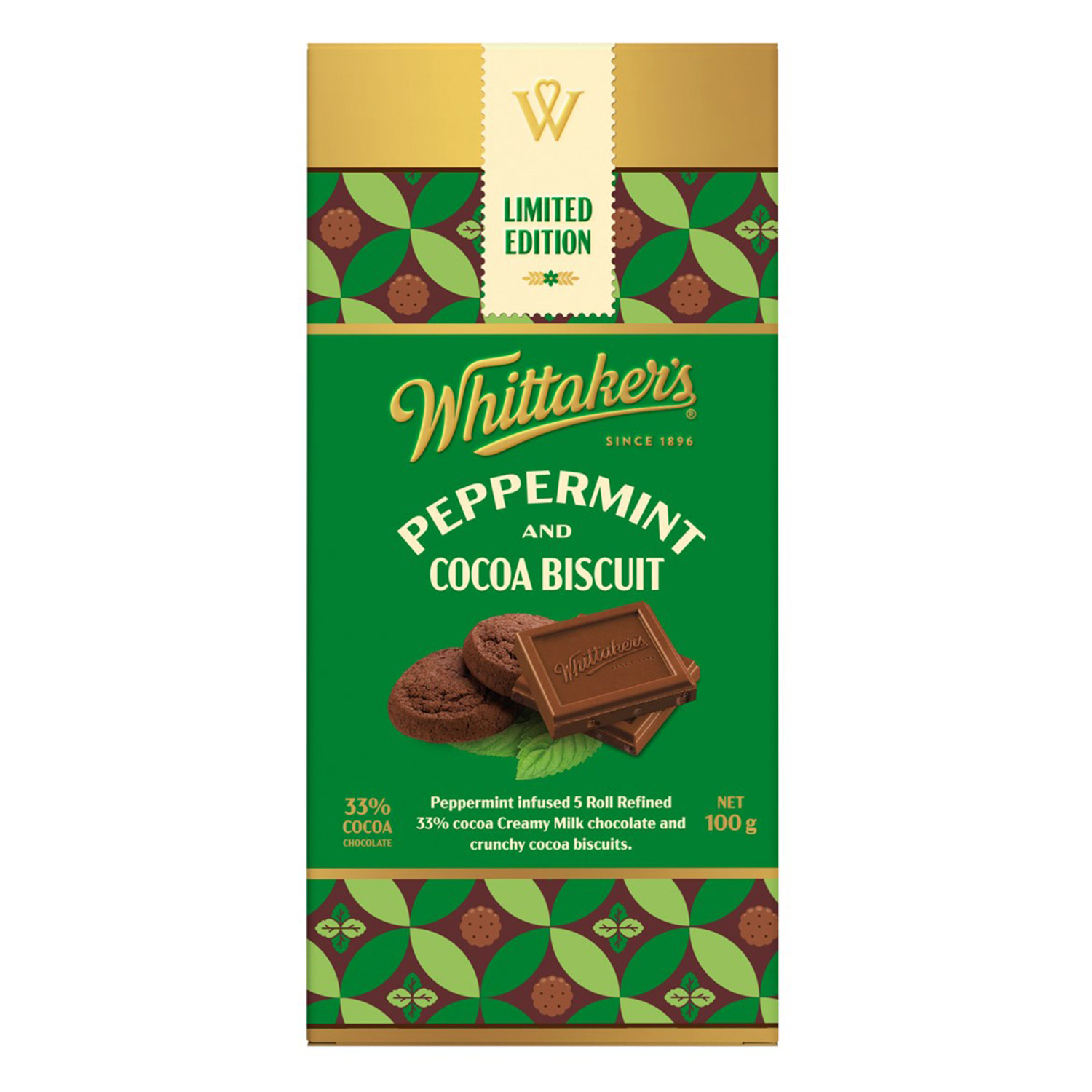 Whittaker's Peppermint Cocoa Biscuit 33% Cocoa Bar 100g