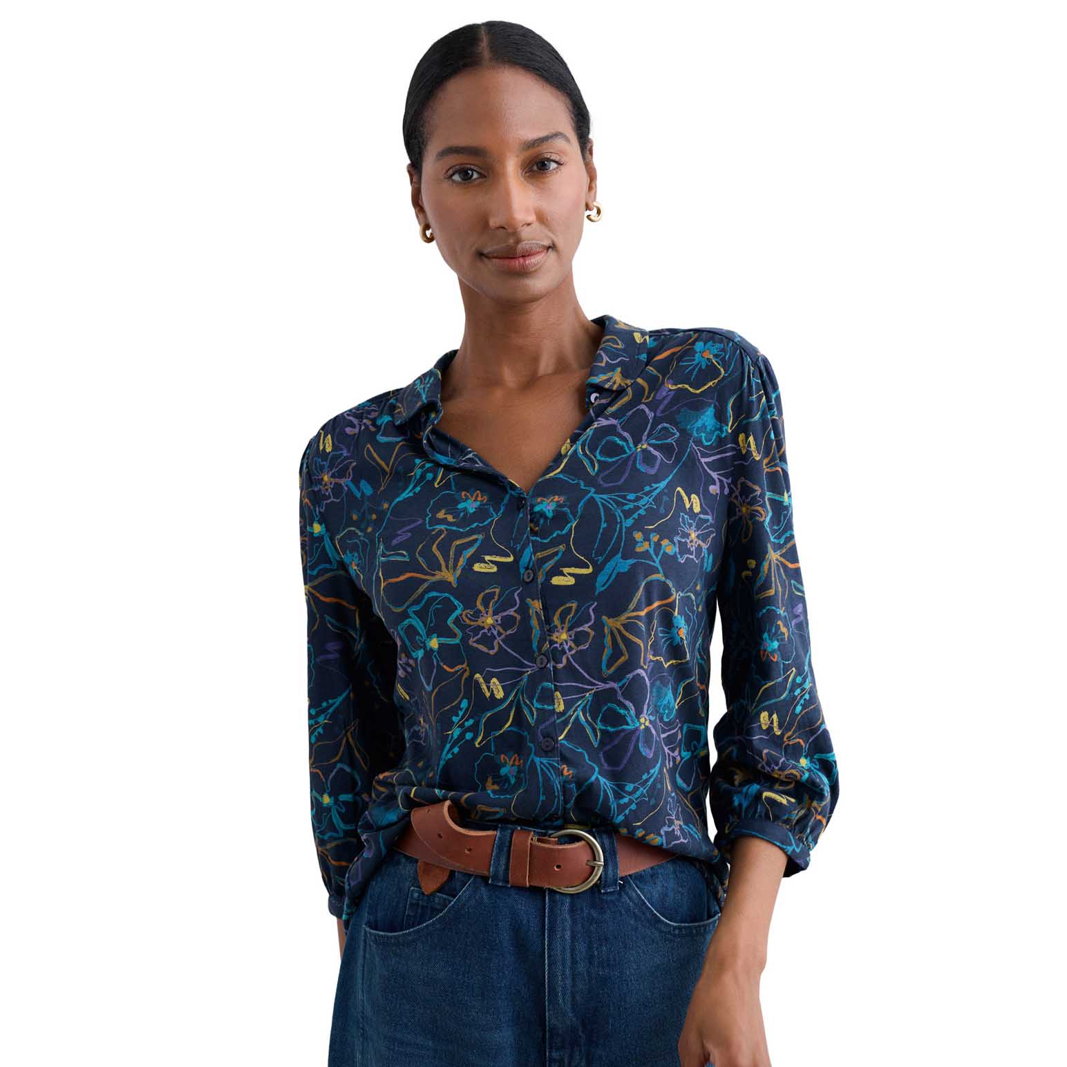 Seasalt Cornwall 3/4 Embrace Shirt Drawn Floral Maritime
