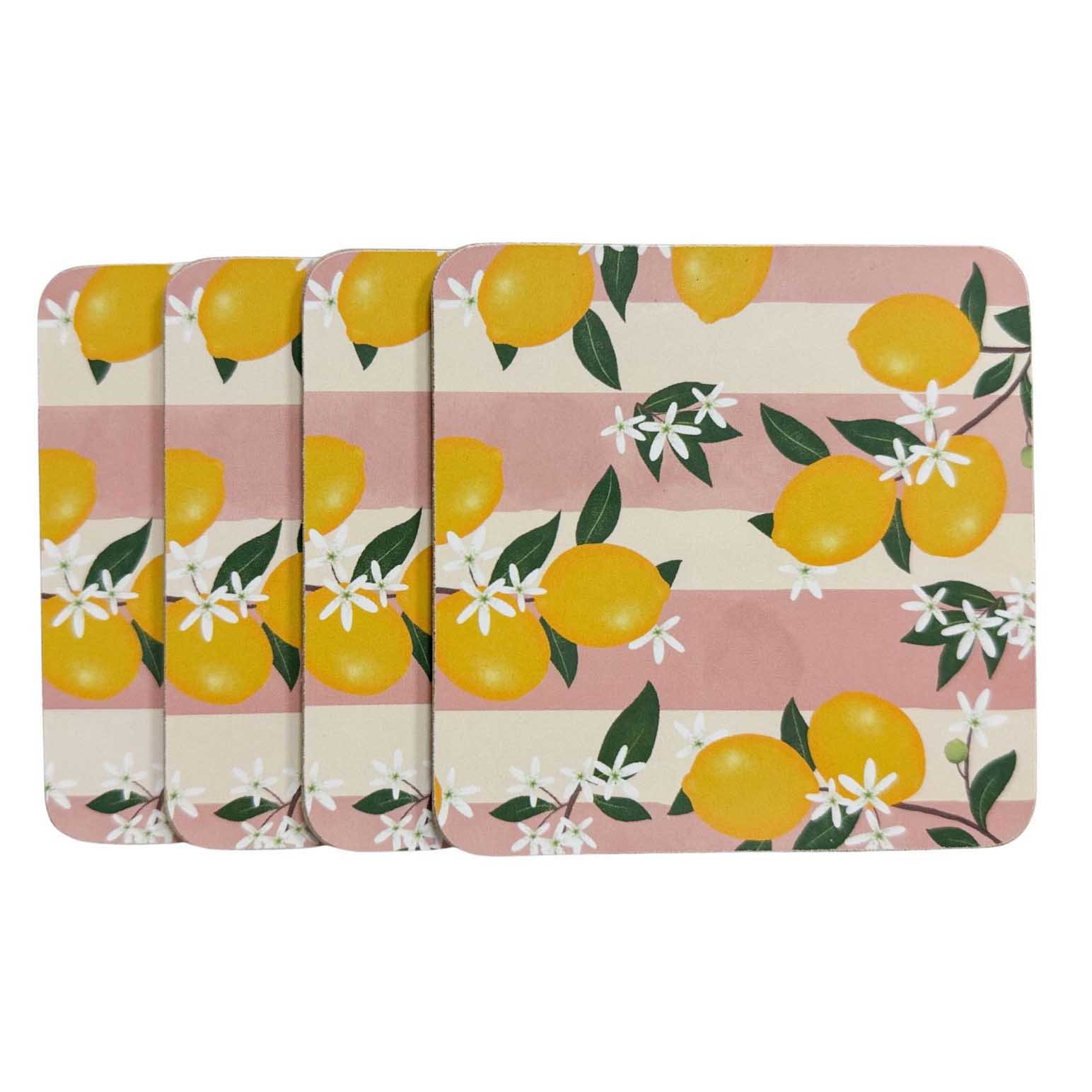Urban Products Lemon Delicious Cork & MDF Coasters Pink 10cm Set Of 4