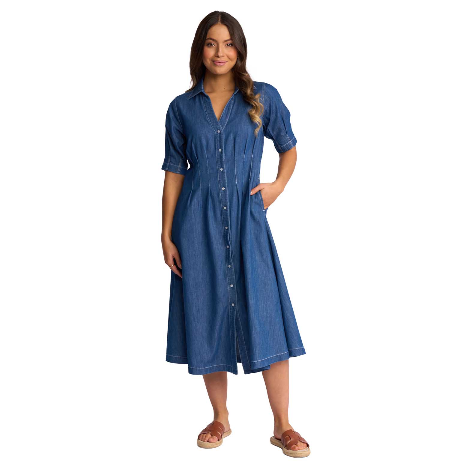 Vassalli Shaped Waist Button Up Dress With Pockets
