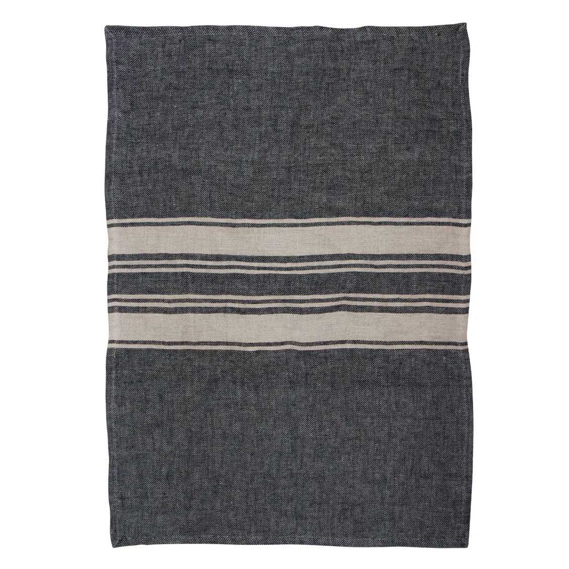 French Country Twill Tea Towel Charcoal with Narrow Natural Stripes