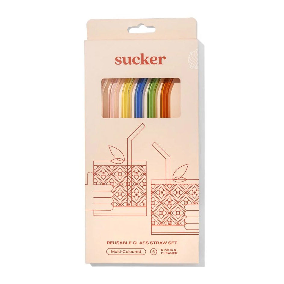 Sucker Reusable Glass Drinking Straws 6 Pack - Multi Colour