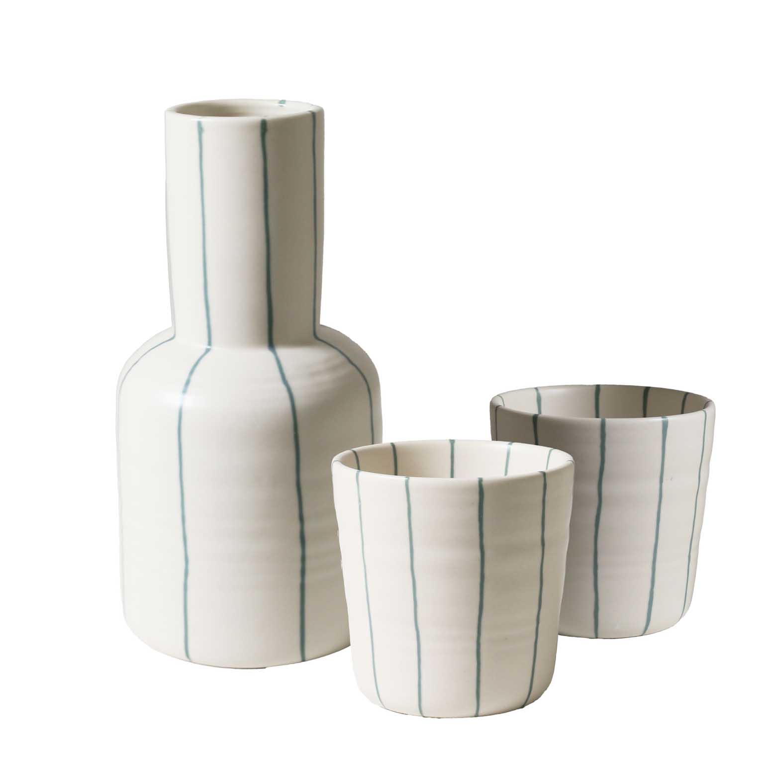 Robert Gordon Carafe & 2 Cups - Coastal Junction Cream With Green Stripe