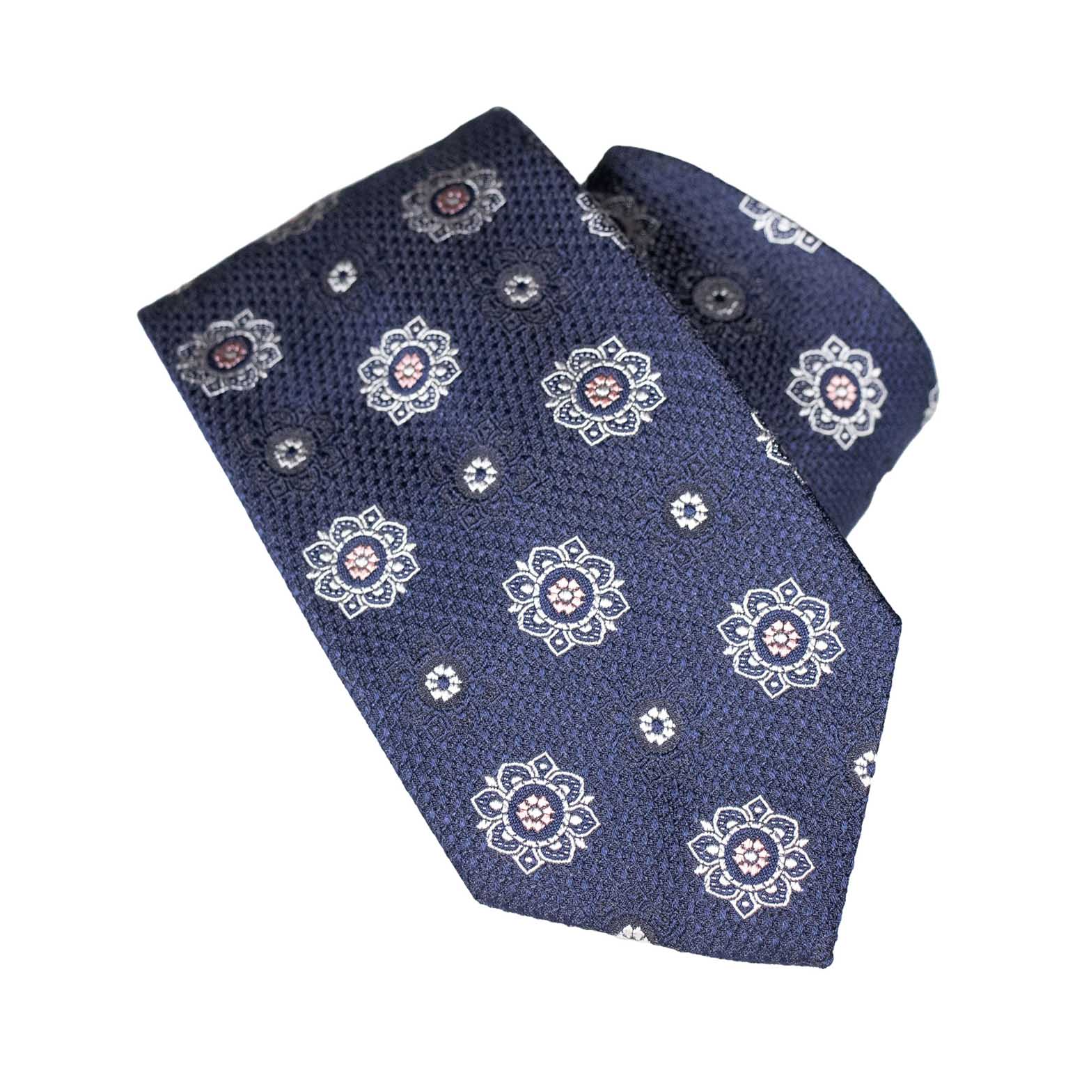 Monti Castello 100% Silk Tie - Ecru Rose Motif On Textured Navy