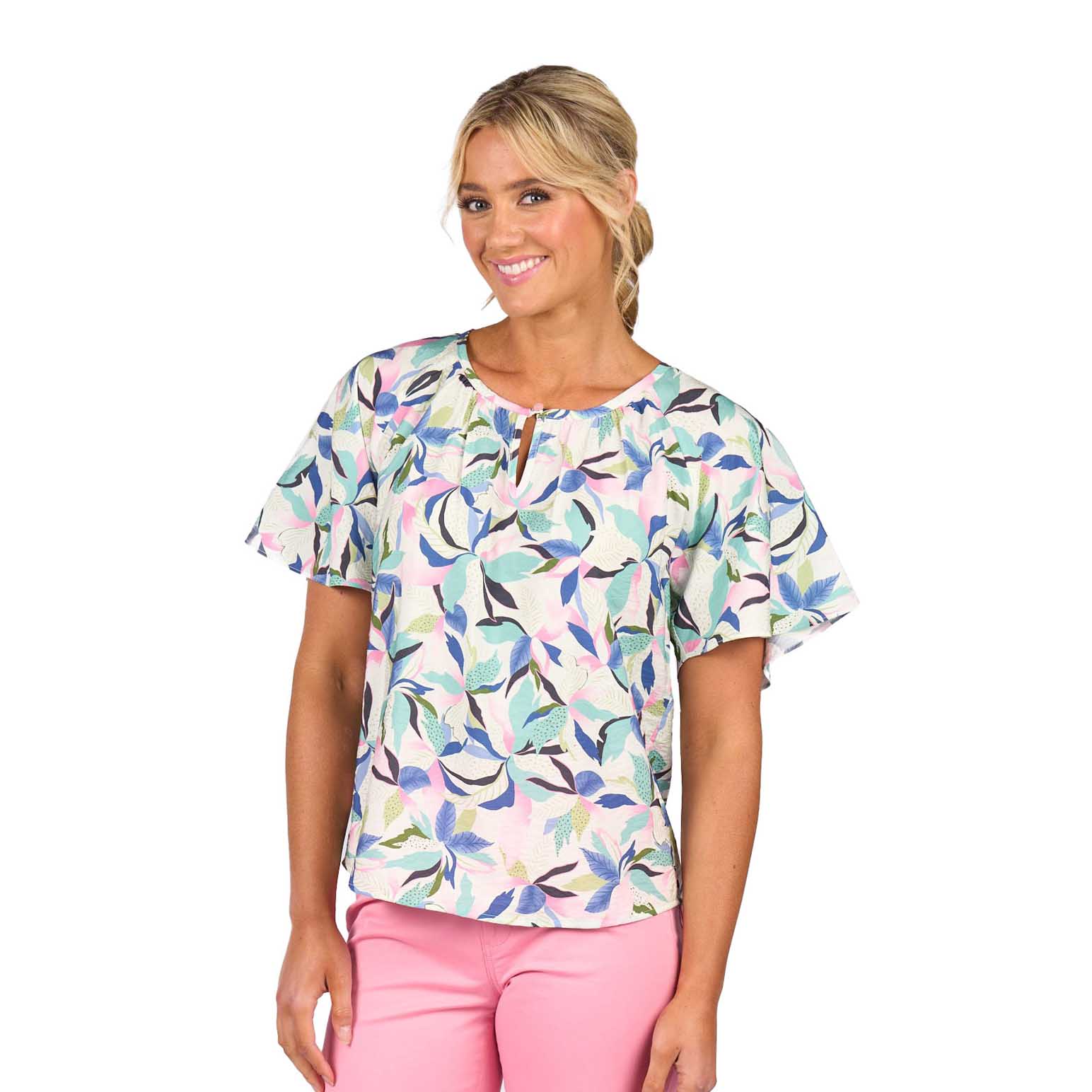 Vassalli Printed Floaty Sleeve Top With Front Keyhole