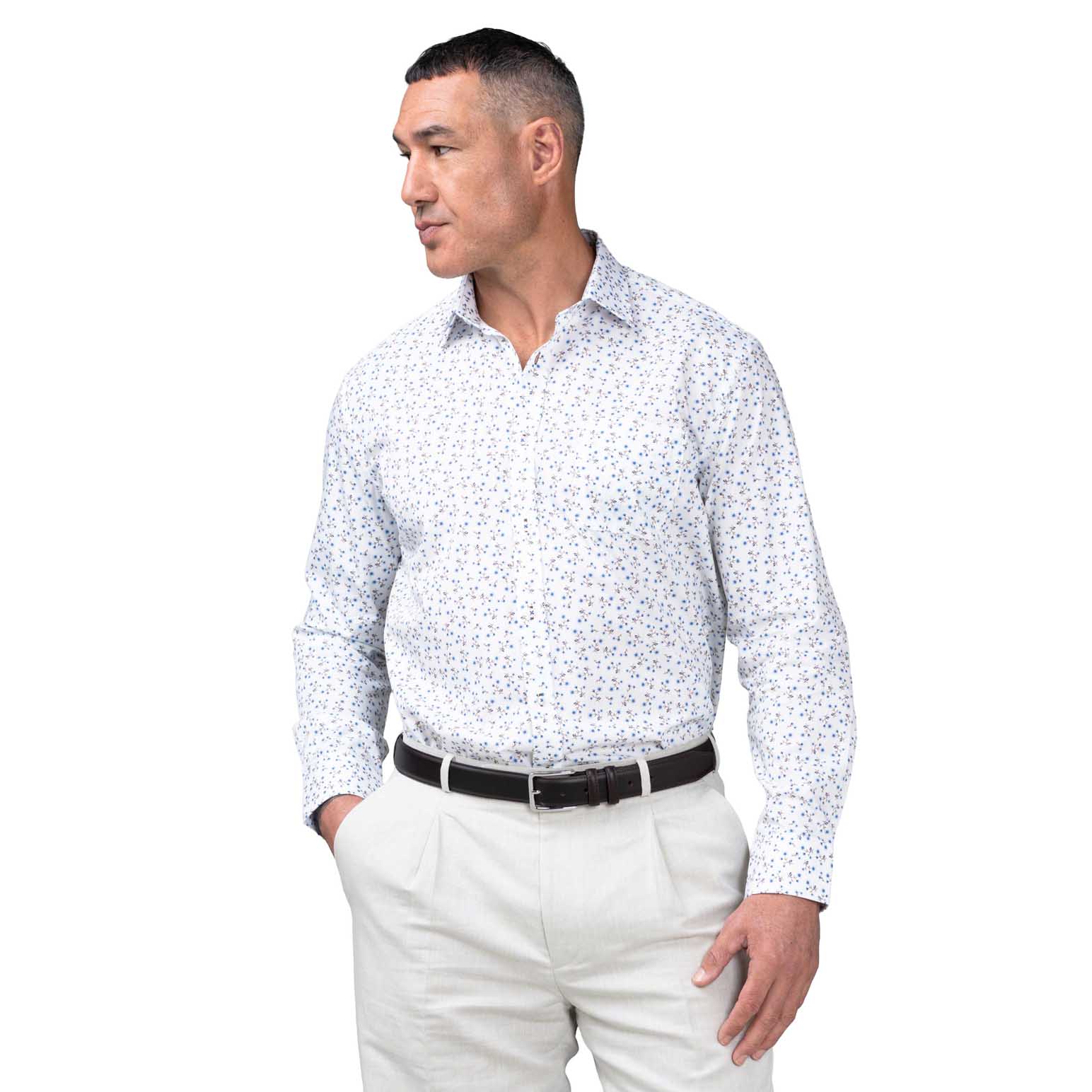 Rembrandt Sinatra White & Blue Myosotis Floral Print Shirt