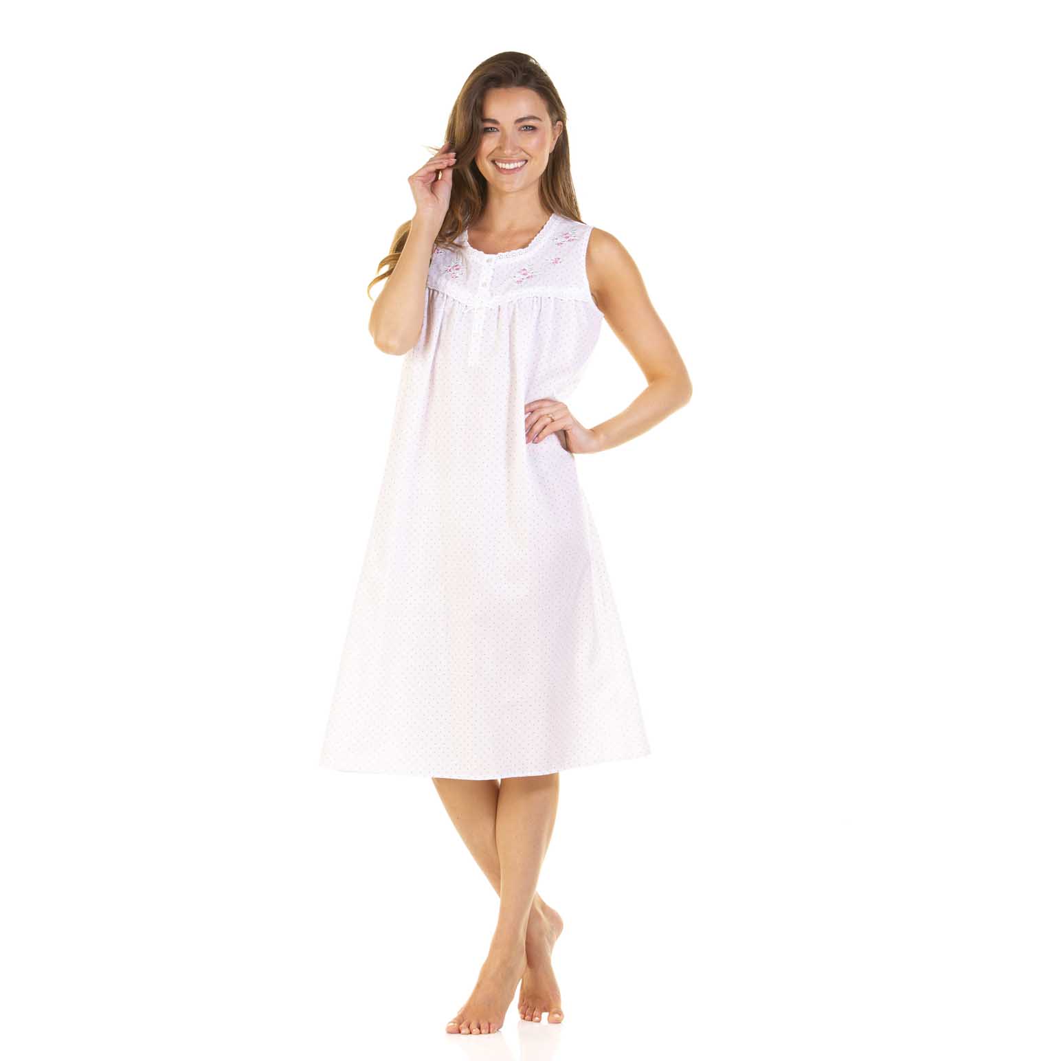 La Marquise Emily Dot Sleeveless Embroidered Polycotton Nightdress