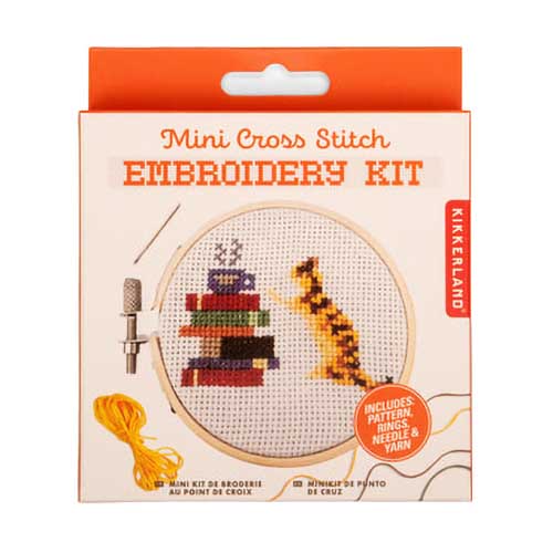 Kikkerland Mini Cross Stitch Embroidery - Cat & Books