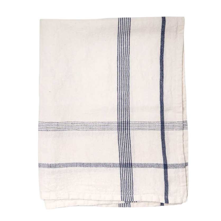 French Country Plaid Cotton Linen Marine Blue Teatowel