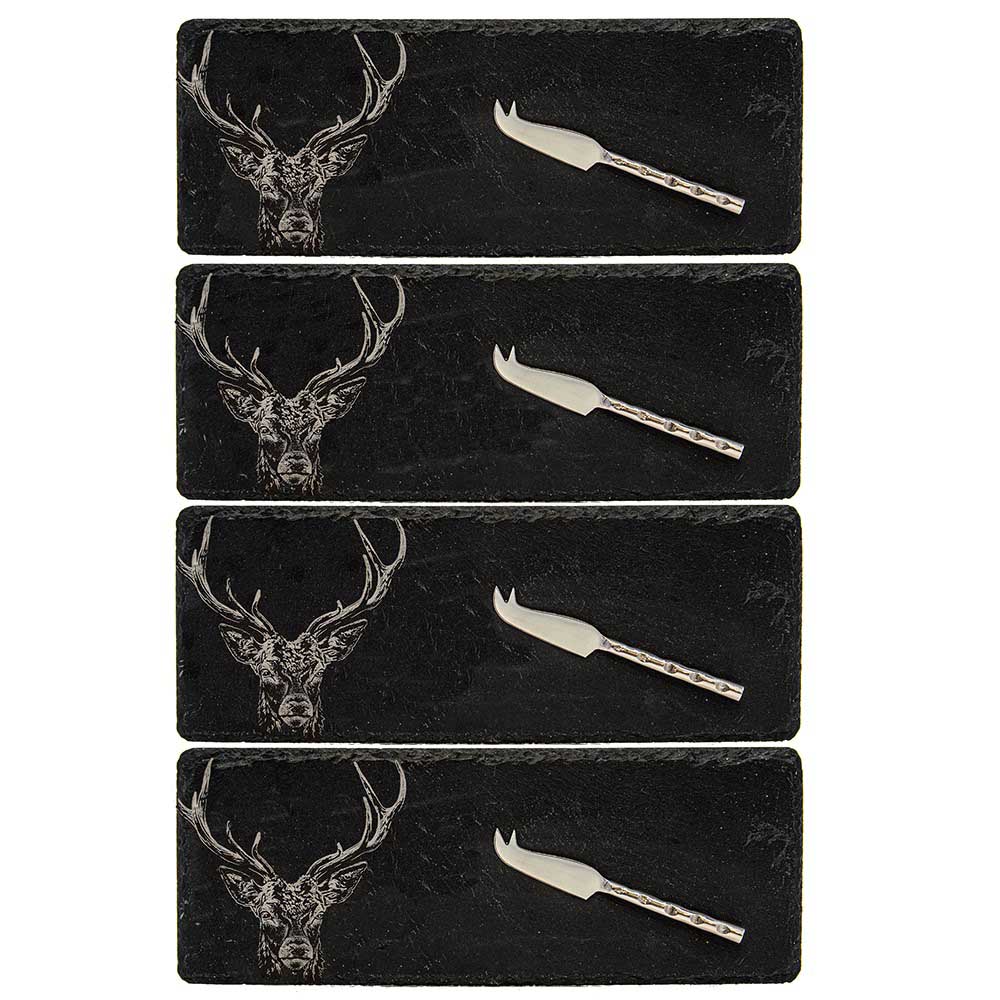 Selbrae House 4 Mini Slate Cheese Board & Knives  - Stag Prince